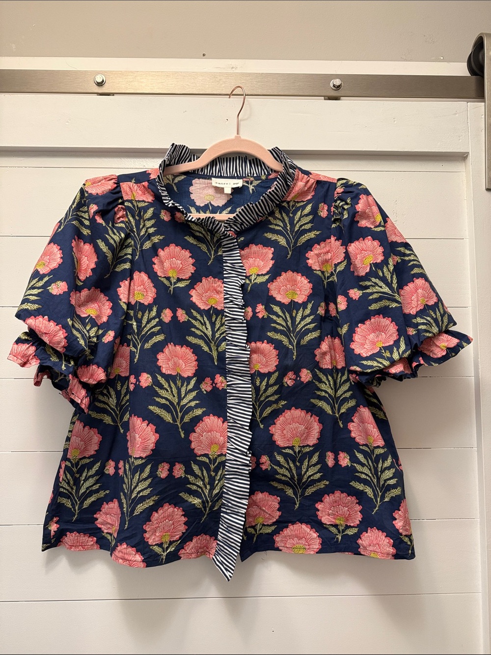 entro Navy Floral Ruffle Short Sleeve Blouse with Pink Flowers